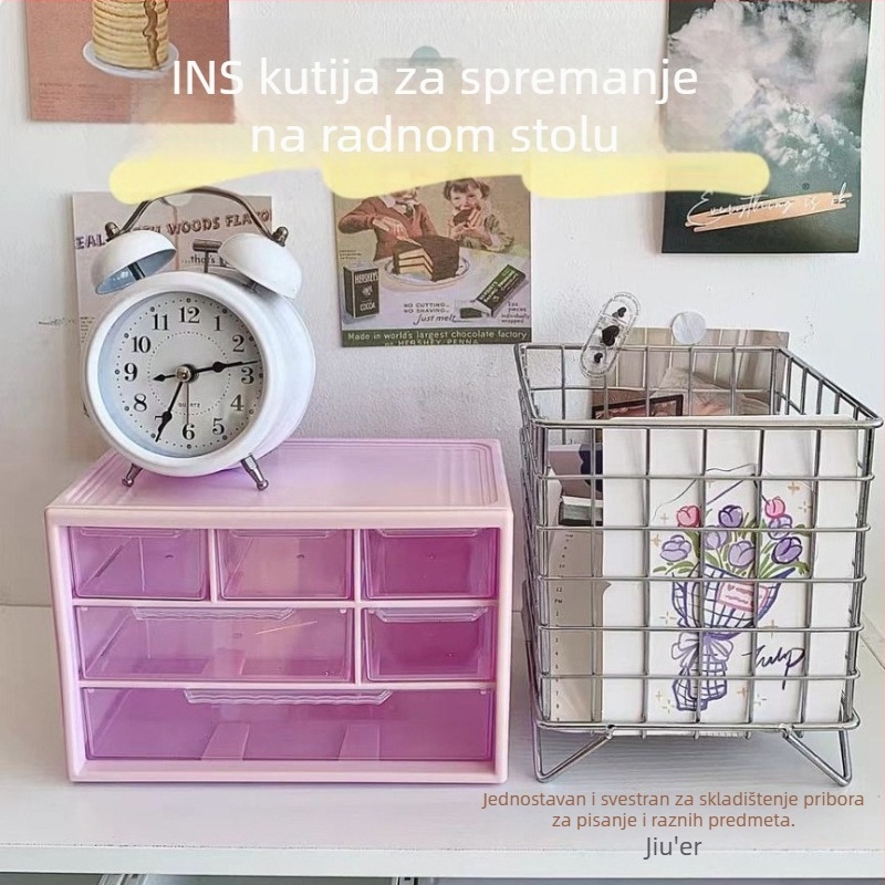 Akrilna kutija za skladištenje s ladicama, šest pretinuta, kapacitet 1 L, moderan minimalistički stil, stolni organizator.