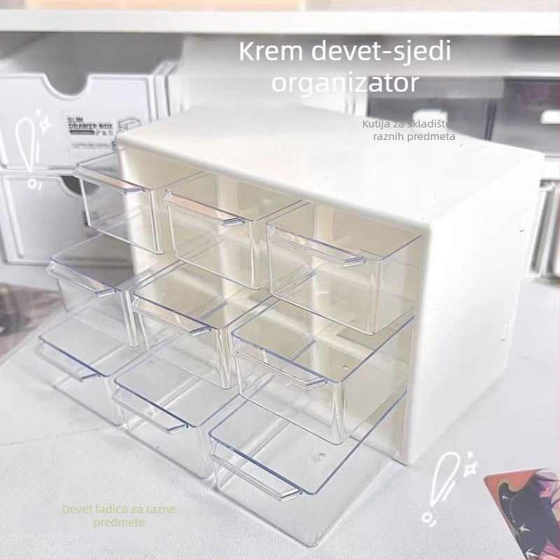 Akrilna kutija za skladištenje s ladicama, šest pretinuta, kapacitet 1 L, moderan minimalistički stil, stolni organizator.