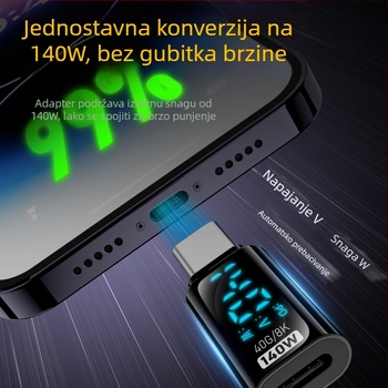 Type-C digitalni priključni adapter s prikazom struje i napona, USB-C muški spoj na ženski, PD140W pametni prikaz za prijenosna računala