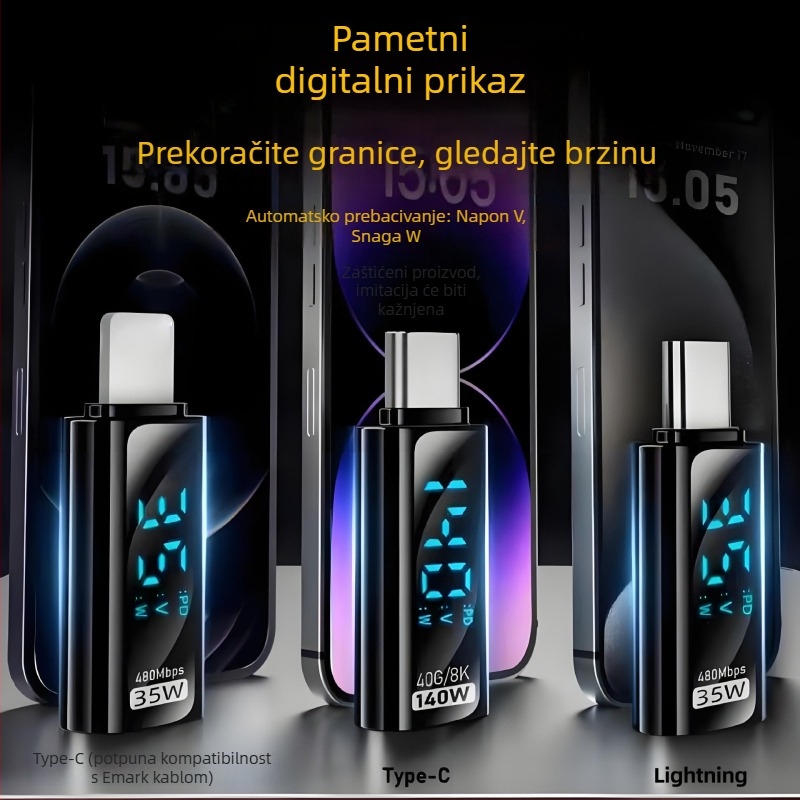 Type-C digitalni priključni adapter s prikazom struje i napona, USB-C muški spoj na ženski, PD140W pametni prikaz za prijenosna računala