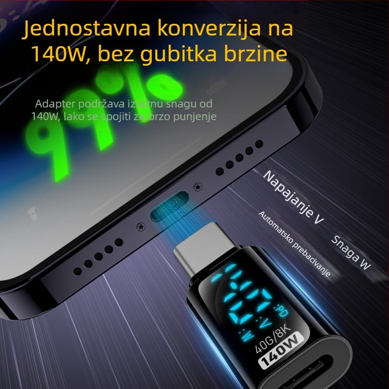 Type-C digitalni priključni adapter s prikazom struje i napona, USB-C muški spoj na ženski, PD140W pametni prikaz za prijenosna računala