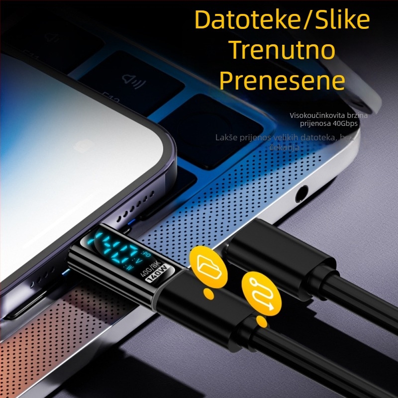 Type-C digitalni priključni adapter s prikazom struje i napona, USB-C muški spoj na ženski, PD140W pametni prikaz za prijenosna računala