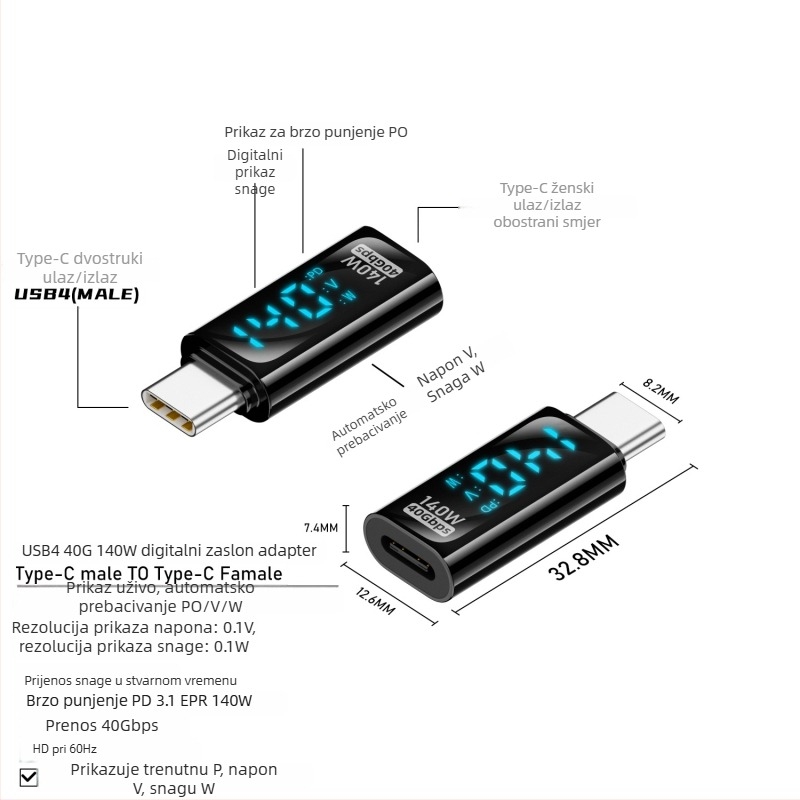 Type-C digitalni priključni adapter s prikazom struje i napona, USB-C muški spoj na ženski, PD140W pametni prikaz za prijenosna računala