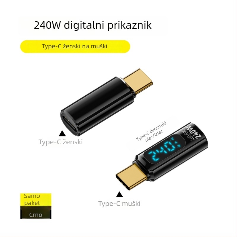 Type-C digitalni priključni adapter s prikazom struje i napona, USB-C muški spoj na ženski, PD140W pametni prikaz za prijenosna računala