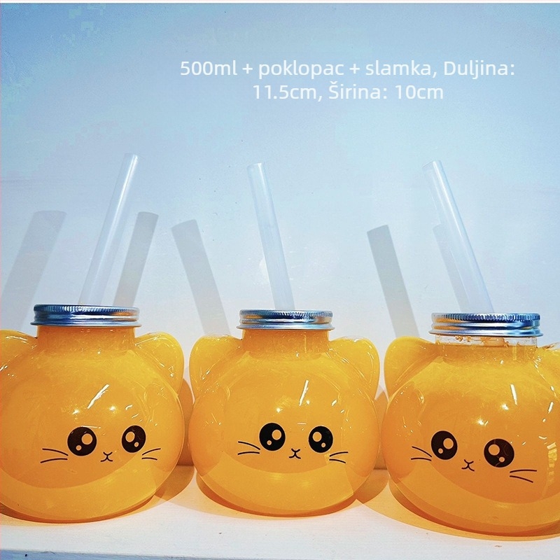 Plastična čaša za mliječni čaj s reljefnim dizajnom, tisk loga, poklopac i slamka, mačji motiv
