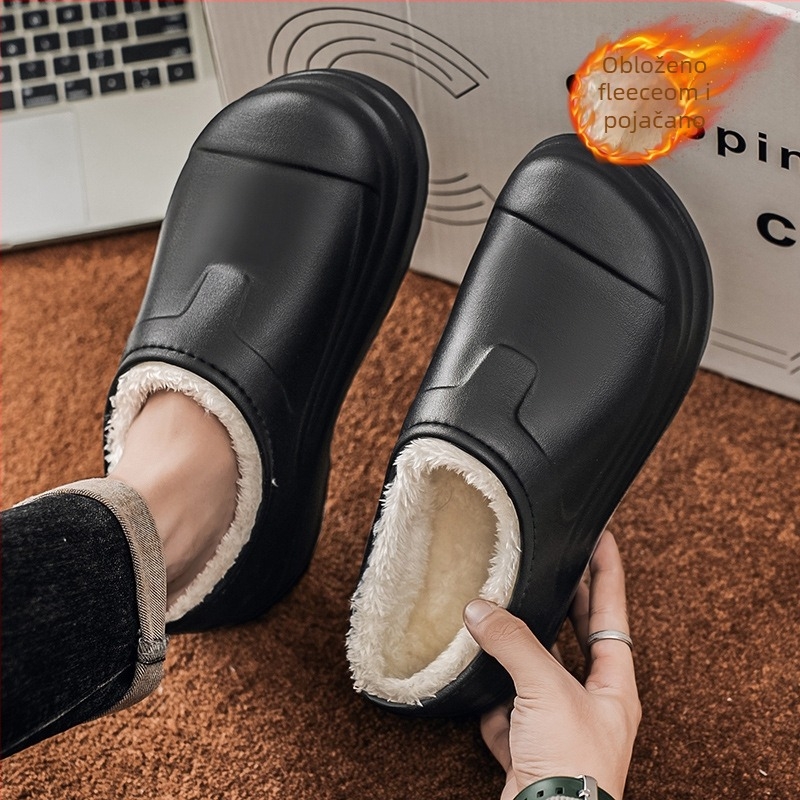 Muške zimske vodootporne protuklizne kuhinjske cipele, Slip-On, podstavljene umjetnim kratkim plišem, EVA gornji dio i đon, okrugli vrh prsta