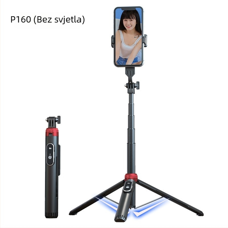 Stativ za telefon za live streaming s Bluetooth daljinskim upravljačem i rasvjetom, model P160, materijal aluminijska legura + ABS, licencirana privatna etiketa, prilagodba dostupna