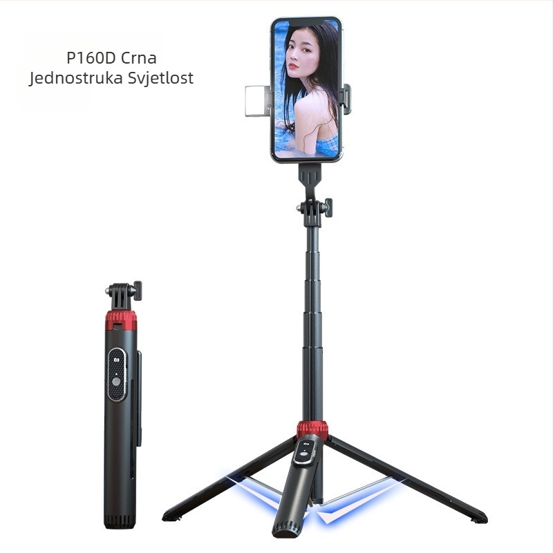Stativ za telefon za live streaming s Bluetooth daljinskim upravljačem i rasvjetom, model P160, materijal aluminijska legura + ABS, licencirana privatna etiketa, prilagodba dostupna