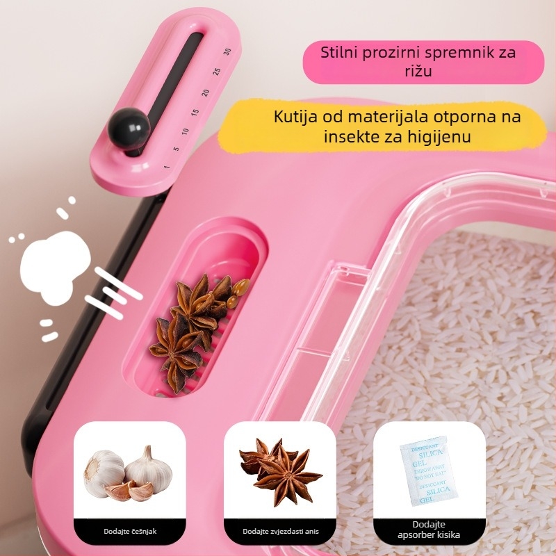 Kutija za skladištenje riže s zatvaranjem, zaštita od vlage i insekata, s funkcijom bilježenja datuma; kapacitet 10 L ili više; materijal: plastika (PP)