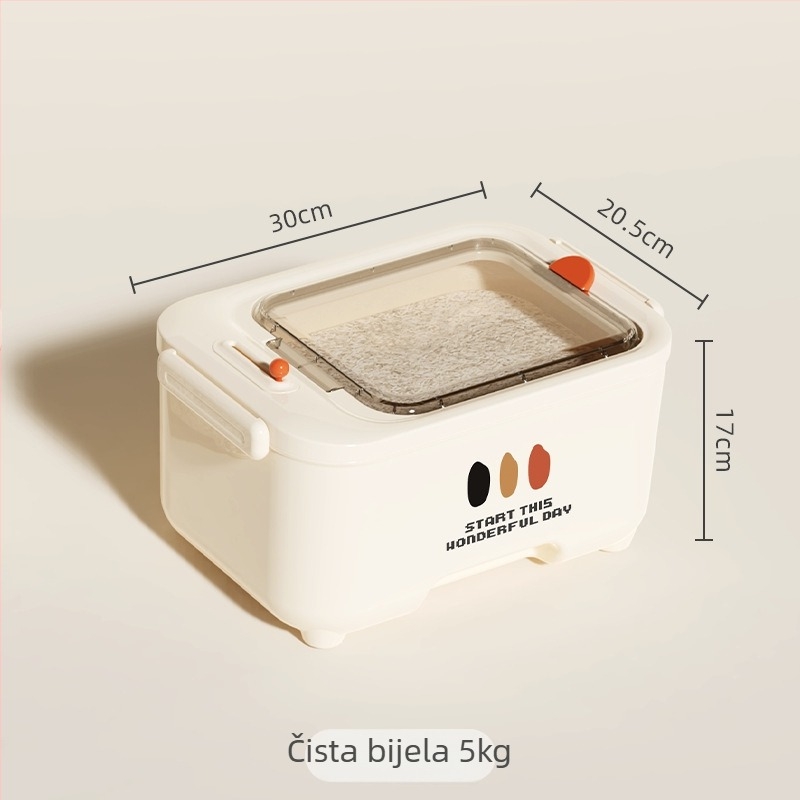 Kutija za skladištenje riže s zatvaranjem, zaštita od vlage i insekata, s funkcijom bilježenja datuma; kapacitet 10 L ili više; materijal: plastika (PP)