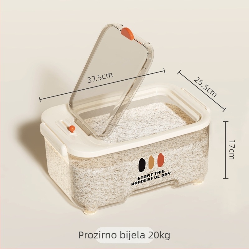 Kutija za skladištenje riže s zatvaranjem, zaštita od vlage i insekata, s funkcijom bilježenja datuma; kapacitet 10 L ili više; materijal: plastika (PP)