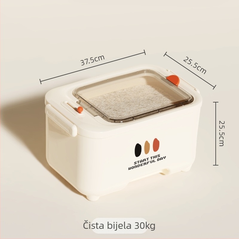 Kutija za skladištenje riže s zatvaranjem, zaštita od vlage i insekata, s funkcijom bilježenja datuma; kapacitet 10 L ili više; materijal: plastika (PP)