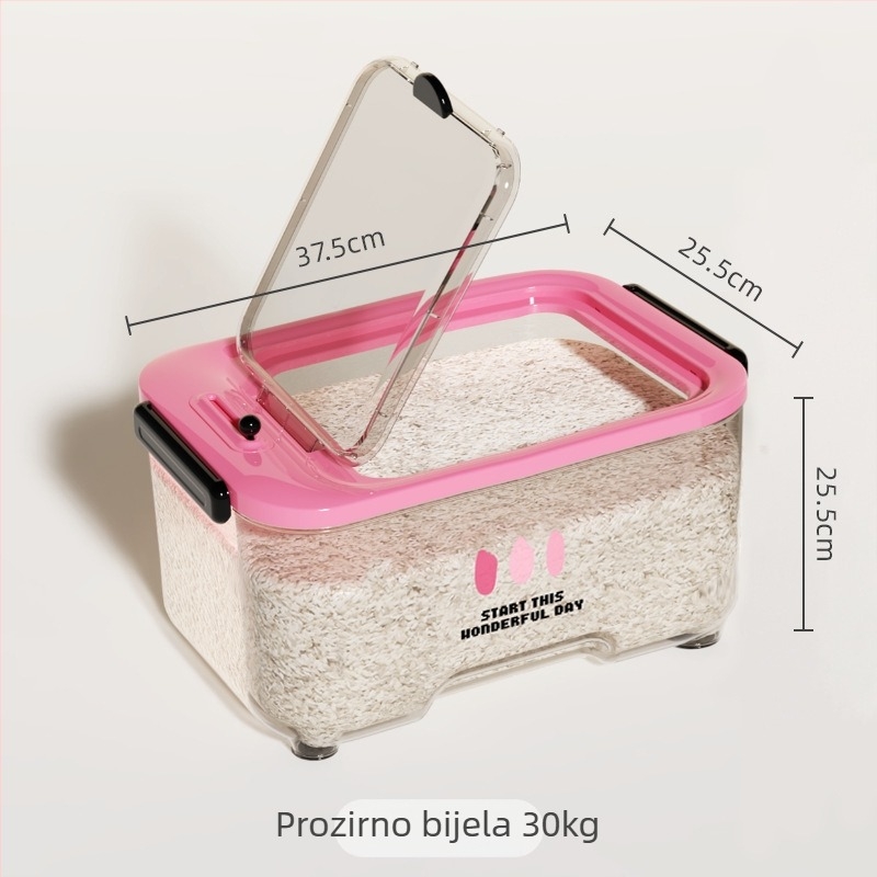 Kutija za skladištenje riže s zatvaranjem, zaštita od vlage i insekata, s funkcijom bilježenja datuma; kapacitet 10 L ili više; materijal: plastika (PP)