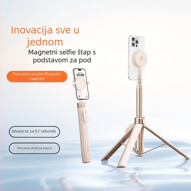 Selfie štap od aluminijske legure, Bluetooth daljinski upravljač, skriven držač za telefon, dvostruka magnetska pričvršćivanja, proširivi podni stativ