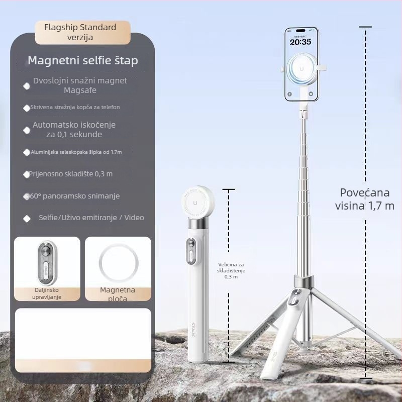 Selfie štap od aluminijske legure, Bluetooth daljinski upravljač, skriven držač za telefon, dvostruka magnetska pričvršćivanja, proširivi podni stativ