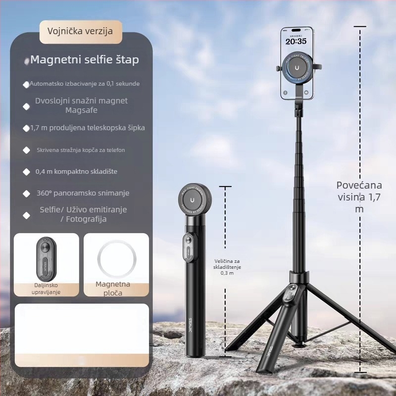 Selfie štap od aluminijske legure, Bluetooth daljinski upravljač, skriven držač za telefon, dvostruka magnetska pričvršćivanja, proširivi podni stativ