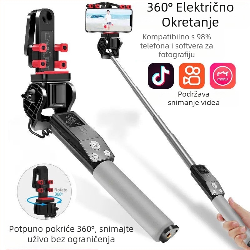 Bluetooth bežični selfie štap s 360° električnom rotacijom, panoramsko snimanje, od nehrđajućeg čelika