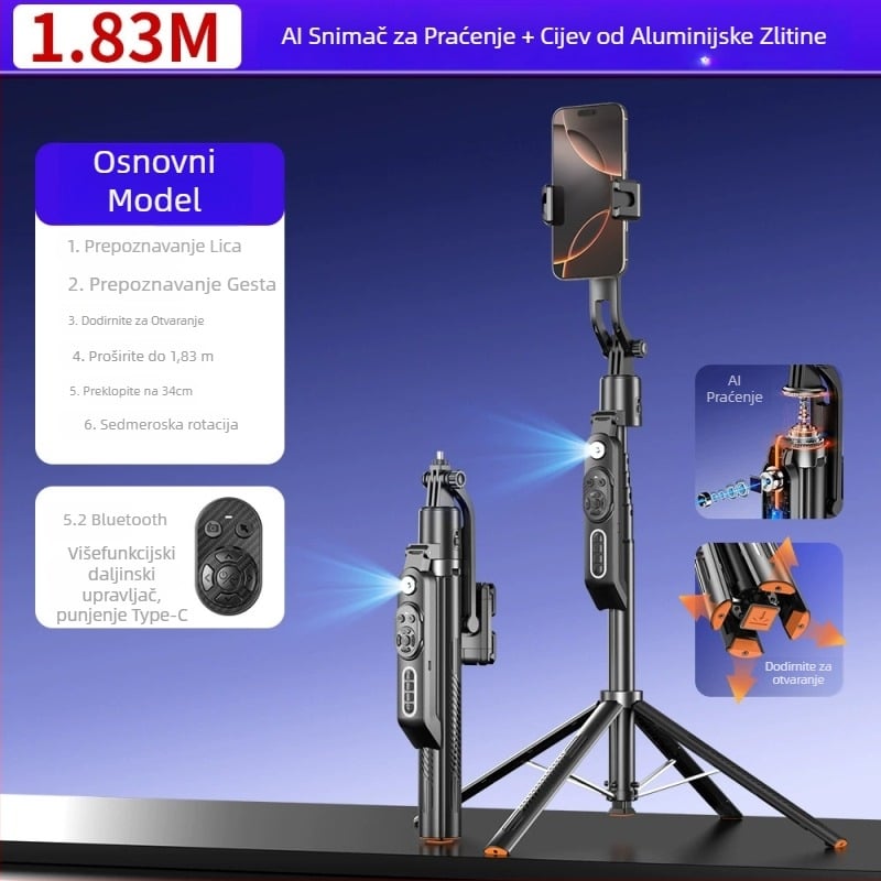 Q575TK Selfie štapić s praćenjem lica, stabilizacijom protiv podrhtavanja, proširiv za pametni telefon, daljinsko upravljanje i rasvjeta