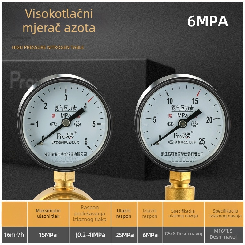 YQD-370 Regulator visokog tlaka dušika, kućište od čistog bakra, navojna spojka, raspon mjerenja 2-4/6