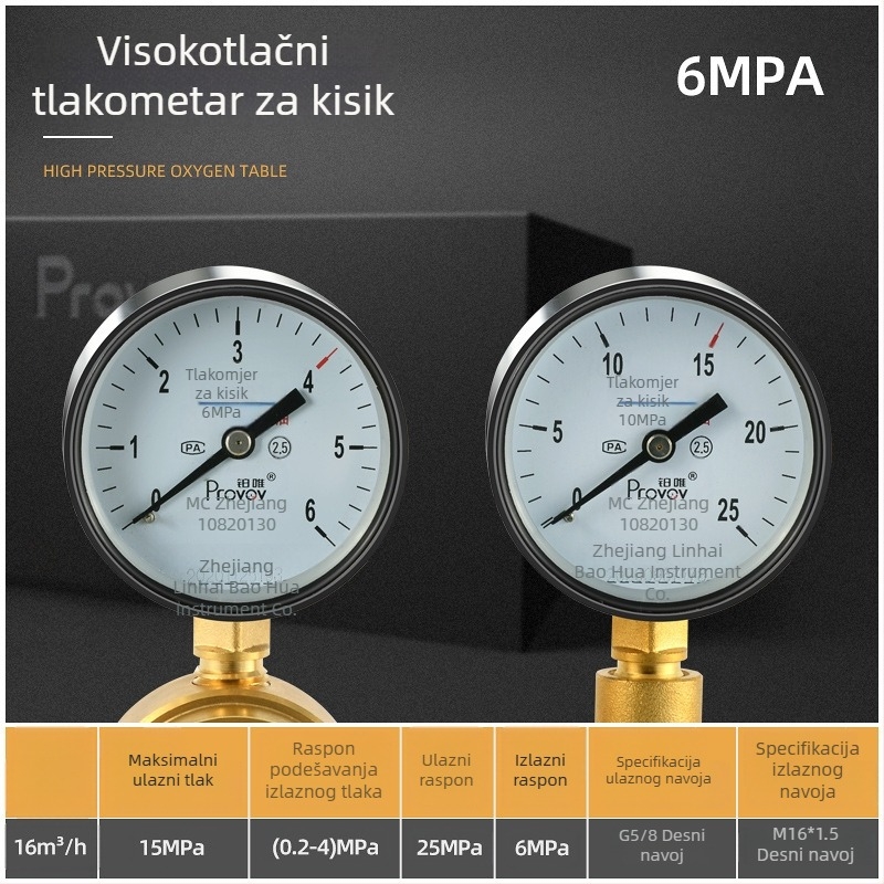 YQD-370 Regulator visokog tlaka dušika, kućište od čistog bakra, navojna spojka, raspon mjerenja 2-4/6