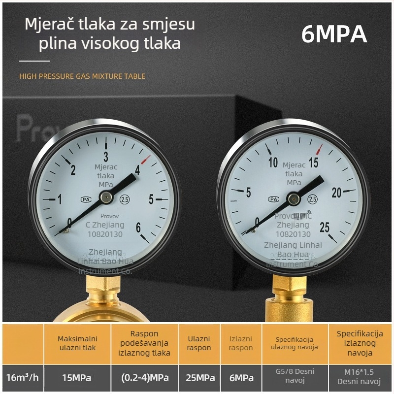 YQD-370 Regulator visokog tlaka dušika, kućište od čistog bakra, navojna spojka, raspon mjerenja 2-4/6