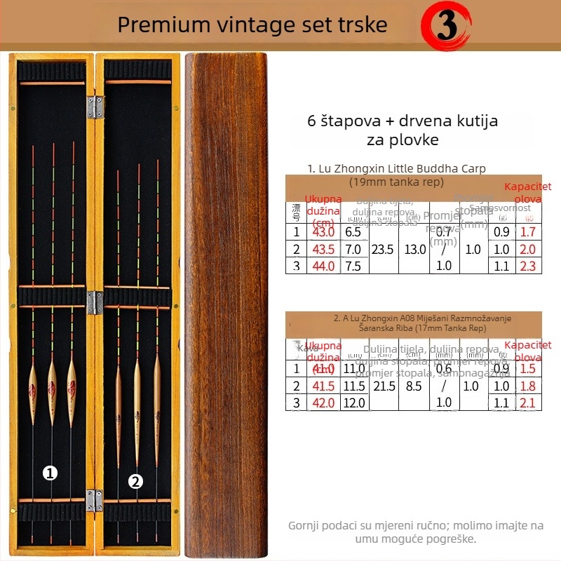 Set vertikalnih plutnja za ribolov – plovak od trstike u kutiji od paulovnija drveta – brend Tadoshi Alu – podrijetlo Linxiang, Hunan
