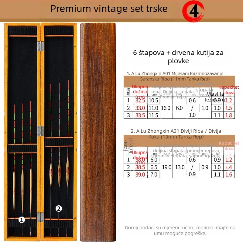 Set vertikalnih plutnja za ribolov – plovak od trstike u kutiji od paulovnija drveta – brend Tadoshi Alu – podrijetlo Linxiang, Hunan