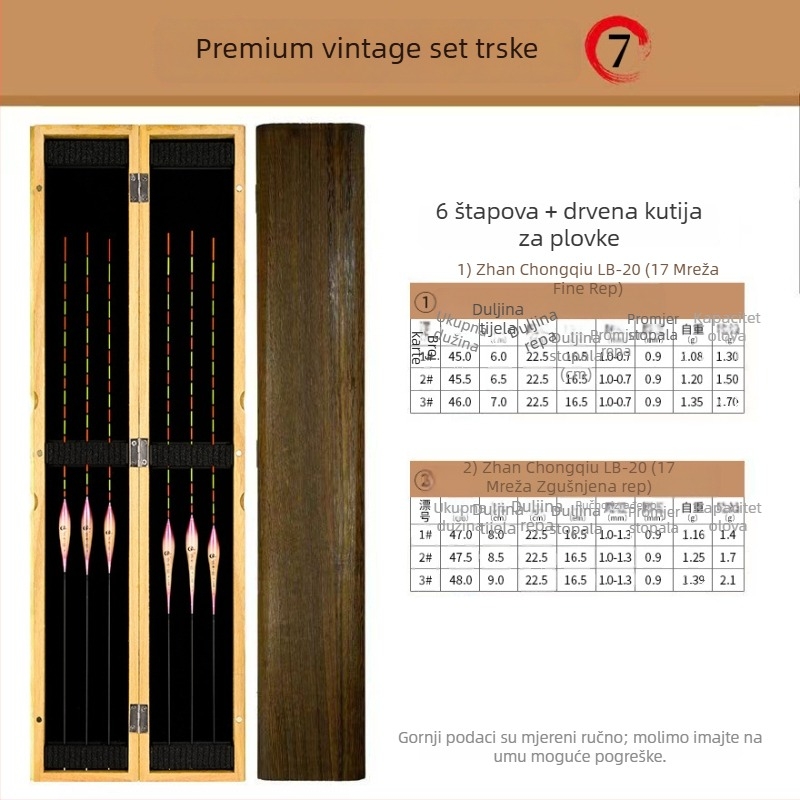 Set vertikalnih plutnja za ribolov – plovak od trstike u kutiji od paulovnija drveta – brend Tadoshi Alu – podrijetlo Linxiang, Hunan