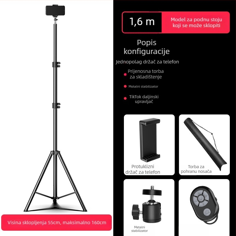 Stativ za mobitel za live streaming s Bluetooth daljinskim upravljačem, tijelo od legure, univerzalni dizajn