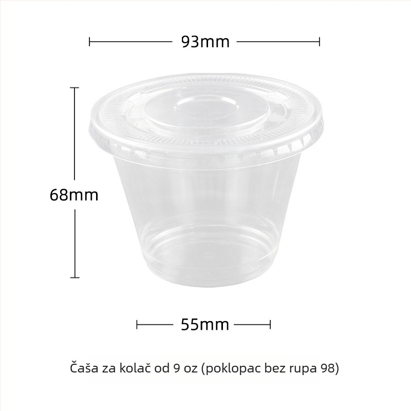 Jednokratna U-oblik desert čašica, proziran PET plast, kapacitet 401–500 ml, mogućnost prilagodbe obrade
