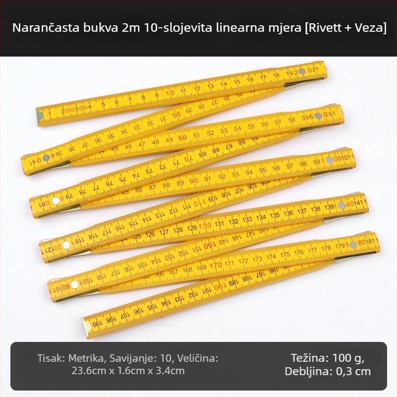 QITE Drvena sklopiva pravila, nepravilnog oblika, dvostruka metrička skala, centimetarsko pravilo, neto težina 105 g