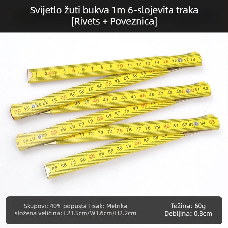 QITE Drvena sklopiva pravila, nepravilnog oblika, dvostruka metrička skala, centimetarsko pravilo, neto težina 105 g