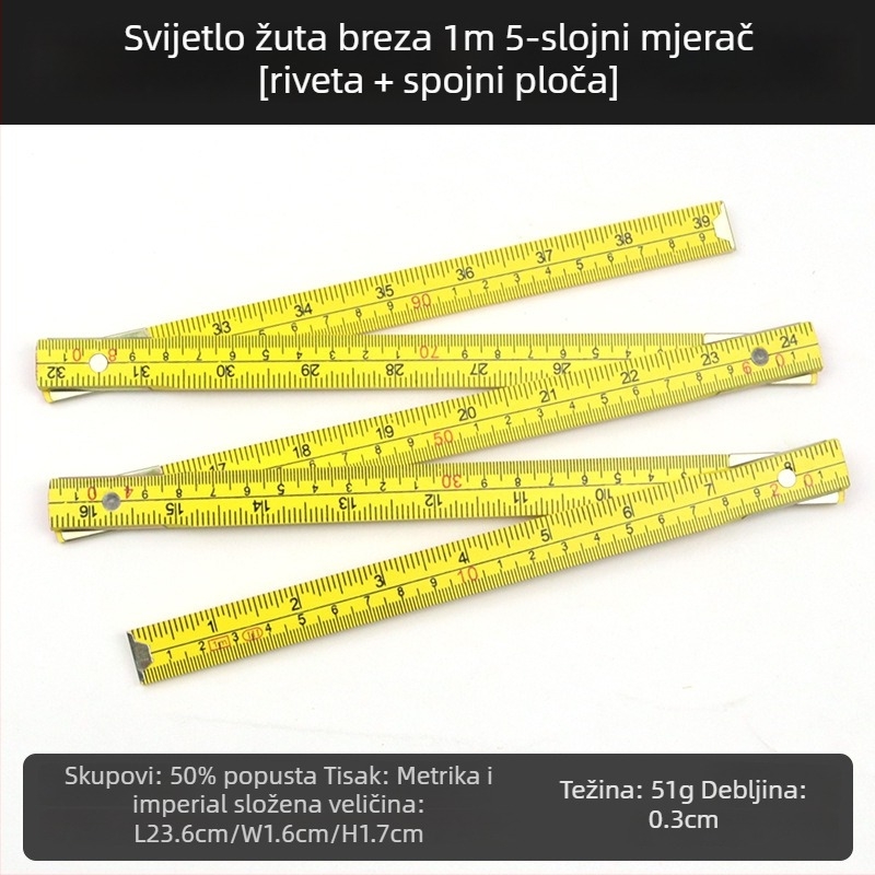 QITE Drvena sklopiva pravila, nepravilnog oblika, dvostruka metrička skala, centimetarsko pravilo, neto težina 105 g