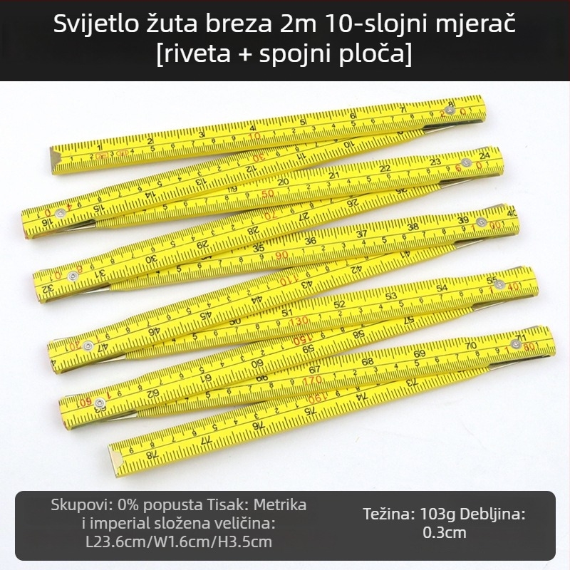 QITE Drvena sklopiva pravila, nepravilnog oblika, dvostruka metrička skala, centimetarsko pravilo, neto težina 105 g