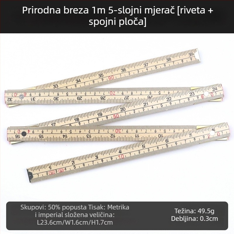 QITE Drvena sklopiva pravila, nepravilnog oblika, dvostruka metrička skala, centimetarsko pravilo, neto težina 105 g