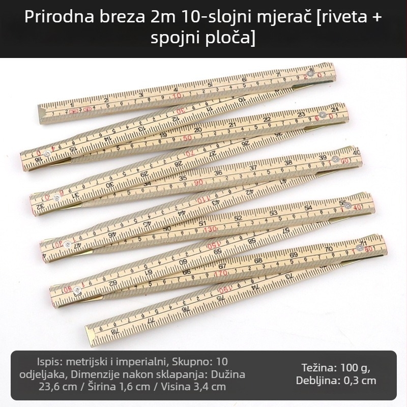 QITE Drvena sklopiva pravila, nepravilnog oblika, dvostruka metrička skala, centimetarsko pravilo, neto težina 105 g