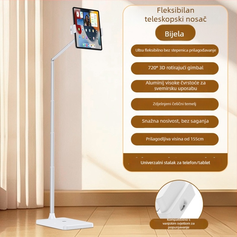Podna držač za telefone i tablete s podesivom visinom i duljinom ramena – univerzalno, legura + ABS
