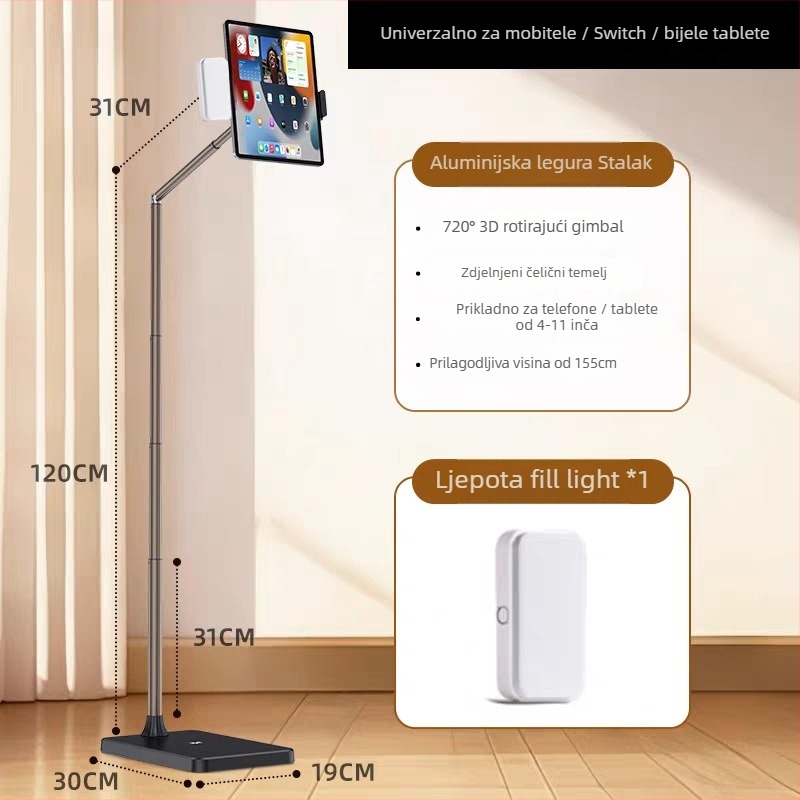 Podna držač za telefone i tablete s podesivom visinom i duljinom ramena – univerzalno, legura + ABS