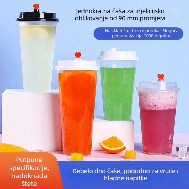 Jednokratna plastična čaša za mliječni čaj s poklopcem, PP, kapacitet 360–700 ml, ovalni oblik, prilagodljivo tiskanje