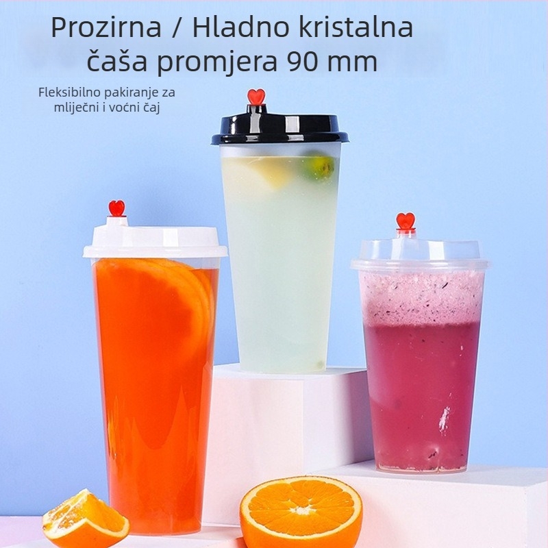 Jednokratna plastična čaša za mliječni čaj s poklopcem, PP, kapacitet 360–700 ml, ovalni oblik, prilagodljivo tiskanje