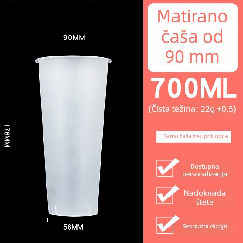 Jednokratna plastična čaša za mliječni čaj s poklopcem, PP, kapacitet 360–700 ml, ovalni oblik, prilagodljivo tiskanje