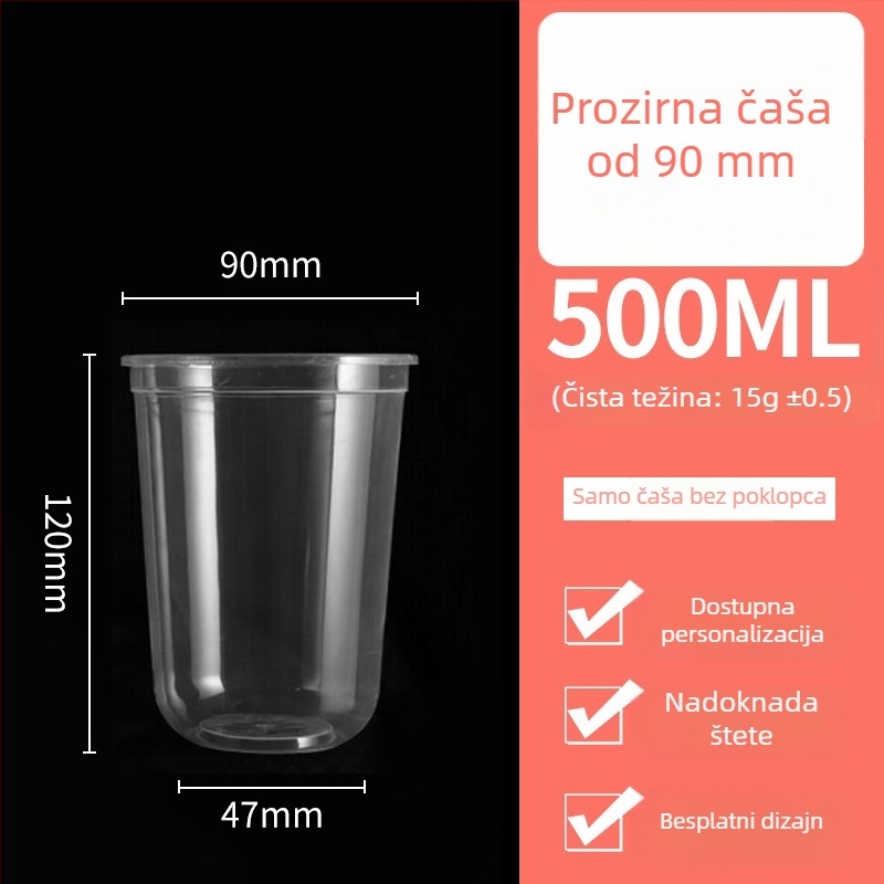 Jednokratna plastična čaša za mliječni čaj s poklopcem, PP, kapacitet 360–700 ml, ovalni oblik, prilagodljivo tiskanje