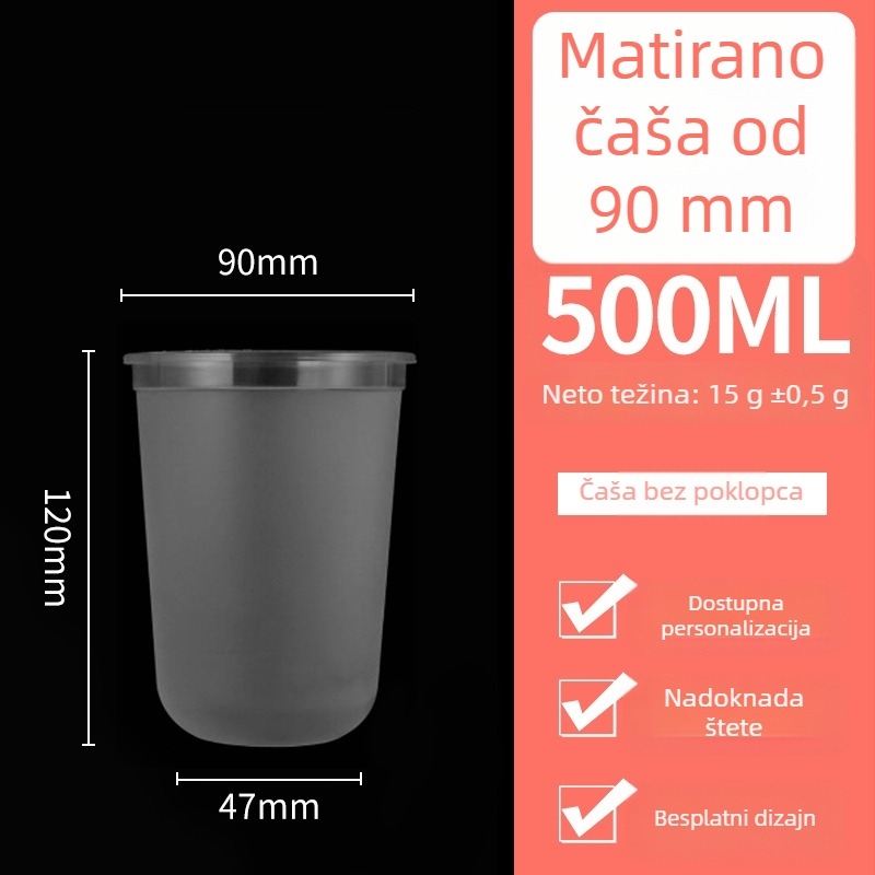 Jednokratna plastična čaša za mliječni čaj s poklopcem, PP, kapacitet 360–700 ml, ovalni oblik, prilagodljivo tiskanje