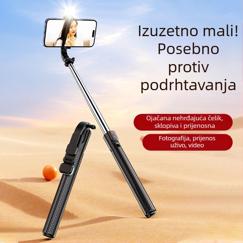 Selfie štap s integriranim tripodom u obliku kišobrana i rasvjetom, Bluetooth daljinski (10 m), Anti-Shake