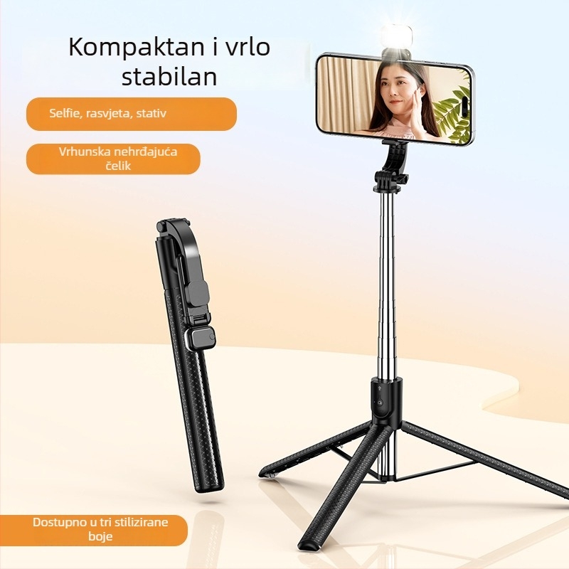 Selfie štap s integriranim tripodom u obliku kišobrana i rasvjetom, Bluetooth daljinski (10 m), Anti-Shake