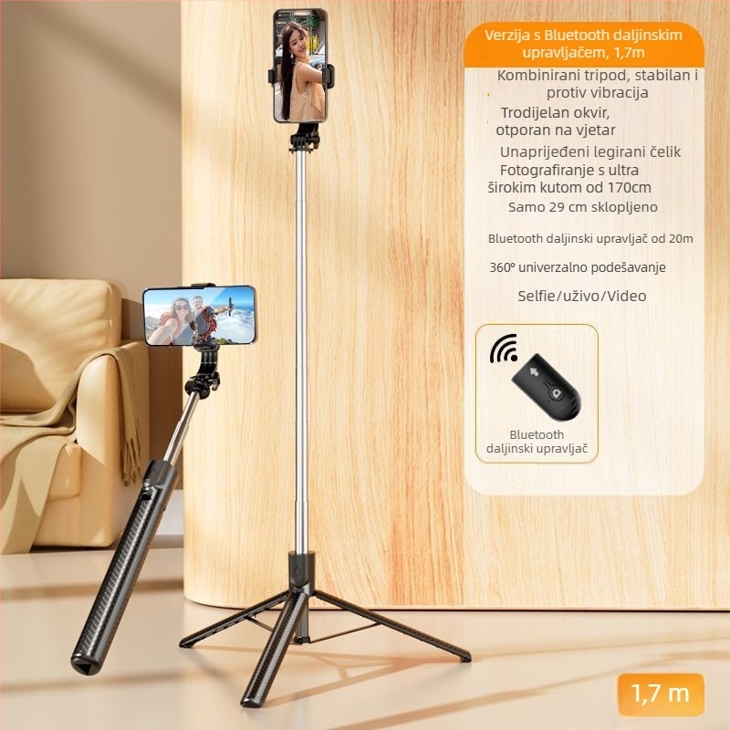 Selfie štap s integriranim tripodom u obliku kišobrana i rasvjetom, Bluetooth daljinski (10 m), Anti-Shake