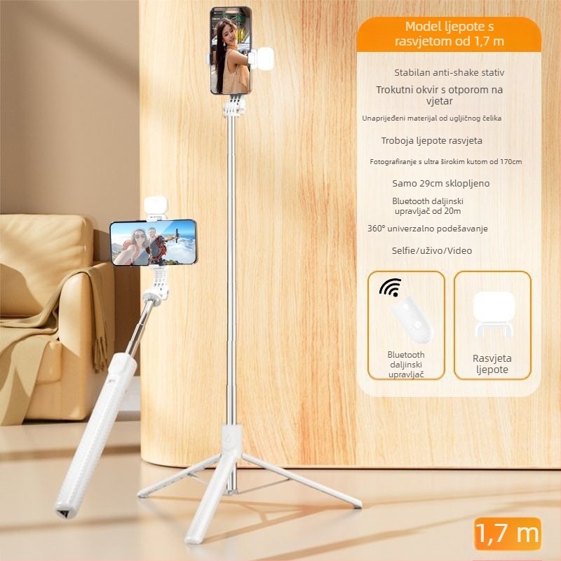 Selfie štap s integriranim tripodom u obliku kišobrana i rasvjetom, Bluetooth daljinski (10 m), Anti-Shake