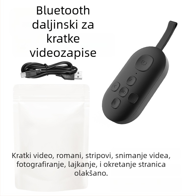 Bluetooth daljinski upravljač s pomakom stranica i selfie jednim pritiskom — DY08, 200mAh, USB-C, domet 15 m, mat ABS, Android/iOS kompatibilan