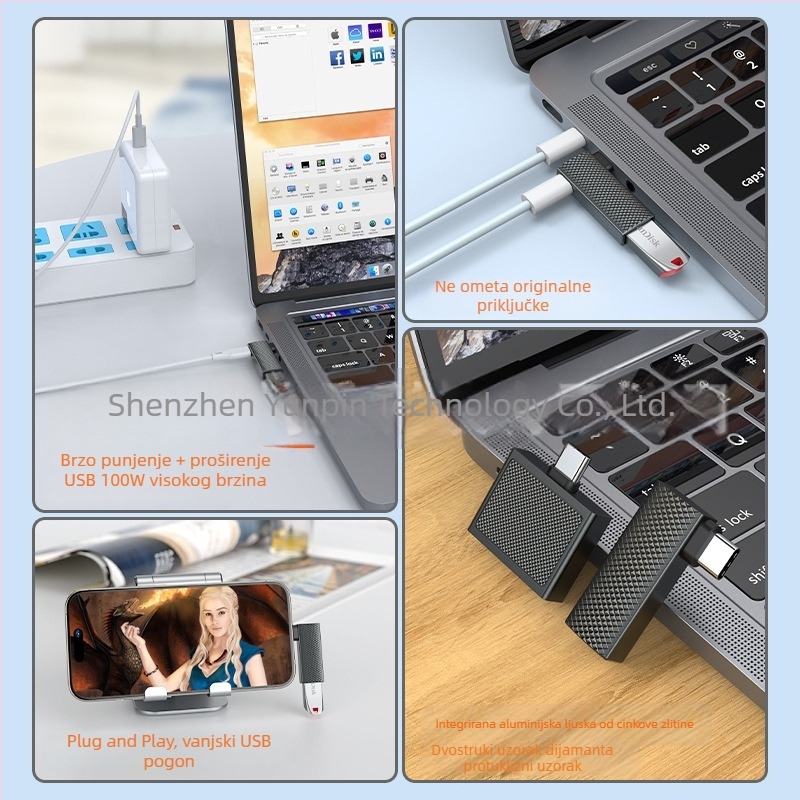 Type-C 90° dvostrani adapter, PD100W brzo punjenje, USB 3.0, OTG, kućište od cinkovog legura