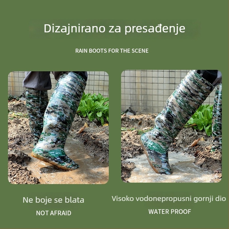 Čizme za kišu za polja riža, visoki otvor, unisex, gornji dio PVC, potplat od gume, protuklizne, PU ulošak